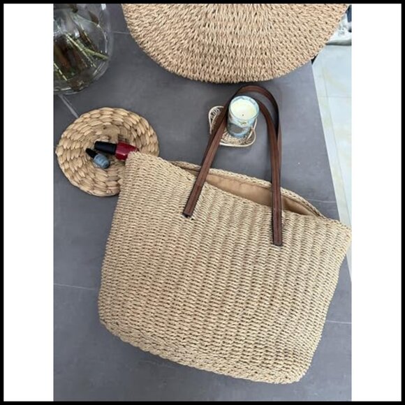 Straw Woven Tote Bag Handmade Shoulder Bag Summer Travel Chic Boho - Picture 3 of 7